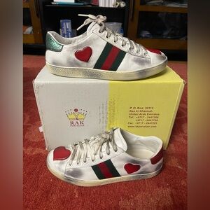 Gucci Womens 435638 Ace ‘HEART’ Green Red Web Sneakers EU 35.5 || US 5